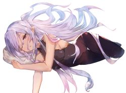 Rule 34 | 1girl, ;o, bare arms, bare shoulders, bodystocking, breasts, commentary request, long hair, looking at viewer, lying, medusa (shingeki no bahamut), on side, one eye closed, parted lips, pillow, pointy ears, purple hair, shingeki no bahamut, simple background, skin tight, sleeveless, small breasts, solo, swept bangs, thigh gap, tota (sizukurubiks), very long hair, waking up, white background