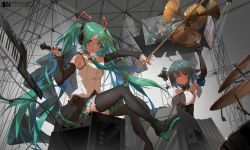 Rule 34 | 2girls, ahoge, black footwear, black gloves, black legwear, black skirt, black sleeves, blush, boots, breasts, character request, chinese commentary, commentary request, detached sleeves, dm (dai miao), drum, elbow gloves, frilled skirt, frills, gloves, green eyes, green neckwear, hatsune miku, hatsune miku (vocaloid4), high heel boots, high heels, highres, holding, holding microphone, instrument, keyboard (instrument), large breasts, long hair, looking at viewer, masterwork apocalypse, medium breasts, microphone, multiple girls, necktie, open mouth, shirt, short hair, sitting, skirt, sleeveless, sleeveless shirt, smile, thigh boots, thighhighs, twintails, very long hair, vocaloid, white shirt