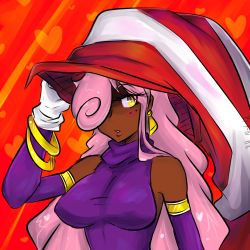 Rule 34 | 1girl, absurdres, blush, bracelet, breasts, curly hair, dark-skinned female, dark skin, dated, earrings, eyeshadow, female focus, gender request, genderswap, gloves, hat, highres, jewelry, lips, lipstick, long hair, looking at viewer, makeup, mario (series), mole, nintendo, one eye covered, paper mario, parted lips, solo, striped, super mario bros. 1, upper body, vivian (paper mario), witch hat, yellow eyes, yellow kirby