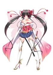 Rule 34 | 1girl, bad id, bad pixiv id, bare shoulders, black hair, boots, breasts, butterfly wings, cleavage, flower, hair flower, hair ornament, highres, insect wings, japanese clothes, long hair, medium breasts, obi, original, red eyes, sash, scabbard, sheath, solo, sword, thigh boots, thighhighs, twintails, weapon, wings, yuncha, zettai ryouiki