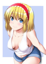 Rule 34 | 1girl, alice margatroid, alternate costume, bare arms, blonde hair, blue background, blue eyes, blush, breasts, breasts apart, closed mouth, collarbone, commentary request, cowboy shot, downblouse, hairband, highres, lips, looking at viewer, medium breasts, midriff peek, navel, no bra, nori tamago, short shorts, shorts, solo, tank top, touhou, two-tone background, white background