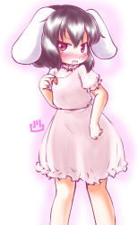 Rule 34 | 1girl, :3, animal ears, blue hair, blush, rabbit ears, rabbit tail, dress, highres, inaba tewi, nose blush, open mouth, pink dress, puffy short sleeves, puffy sleeves, red eyes, see-through silhouette, short sleeves, solo, sweat, tail, touhou, uho (uhoyoshi-o)