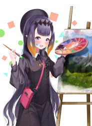 Rule 34 | 1girl, :d, absurdres, bag, beret, black dress, black hat, blush, commentary request, dress, fang, gradient hair, hat, highres, holding, holding paintbrush, holding palette, hololive, hololive english, long hair, multicolored hair, ninomae ina&#039;nis, ninomae ina&#039;nis (casual), open mouth, orange hair, paint splatter, paint splatter on face, paintbrush, painting (action), painting (object), palette (object), purple eyes, purple hair, shoulder bag, smile, solo, tentacle hair, tiara, virtual youtuber, w wonjin, white background