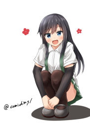 Rule 34 | 1girl, arm warmers, asashio (kancolle), black hair, black thighhighs, blue eyes, comiching, grey skirt, hair between eyes, highres, kantai collection, long hair, looking at viewer, neck ribbon, open mouth, pleated skirt, ribbon, school uniform, shadow, shirt, short sleeves, simple background, skirt, smile, solo, squatting, suspenders, thighhighs, twitter username, white background, white shirt
