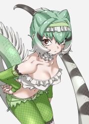 Rule 34 | 1girl, bare shoulders, breasts, brown eyes, chinese water dragon (kemono friends), collarbone, commentary, cutoffs, detached sleeves, frilled hairband, frills, gradient hair, green hair, grey background, hair between eyes, hairband, hand on own hip, highres, kemono friends, lizard tail, long sleeves, looking at viewer, medium breasts, micro shorts, midriff, multicolored hair, navel, shorts, simple background, solo, spiked tail, tail, tanabe (fueisei), white hair