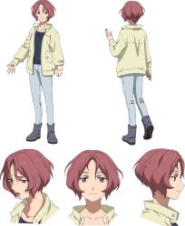 Rule 34 | 1girl, character sheet, crying, from side, gundam, gundam build divers, gundam build divers re:rise, highres, jacket, multiple views, official art, open hand, purple eyes, red hair, shido mizuki, short hair, transparent background