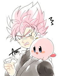 Rule 34 | &gt;:(, 10s, 2boys, ^^^, annoyed, artist name, azu (kirara310), bad id, bad pixiv id, blue eyes, creature, creature on shoulder, crossover, dougi, dragon ball, dragon ball super, frown, goku black, grey eyes, kirby, kirby (series), looking at another, male focus, multiple boys, nintendo, on shoulder, pink hair, pink theme, simple background, spiked hair, super saiyan, super saiyan rose, v-shaped eyebrows, wavy mouth, white background