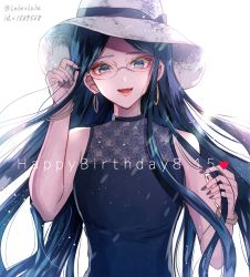 Rule 34 | alternate costume, artist name, blue hair, commentary request, danganronpa (series), danganronpa v3: killing harmony, dated, dress, glasses, happy birthday, hat, heart, long hair, looking at viewer, open mouth, parted bangs, purple dress, shirogane tsumugi, simple background, sleeveless, sleeveless dress, smile, solo, white background, white hat, z-epto (chat-noir86)
