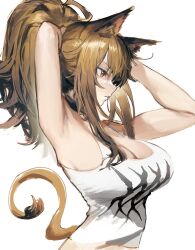 Rule 34 | 1girl, adjusting hair, animal ears, arknights, armpits, arms behind head, arms up, blonde hair, breasts, closed mouth, enn matien, hair tie in mouth, highres, large breasts, lion ears, lion girl, lion tail, long hair, mouth hold, shirt, siege (arknights), simple background, sleeveless, sleeveless shirt, solo, tail, tying hair, upper body, white background, white shirt, yellow eyes