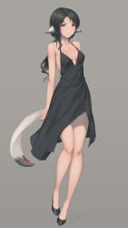 Rule 34 | 1girl, alternate costume, bare legs, bare shoulders, black dress, black footwear, black hair, breasts, breasts apart, brown eyes, closed mouth, collarbone, commentary request, dress, earrings, eruruu, evening gown, formal, full body, halterneck, high-low skirt, highres, jewelry, long hair, medium breasts, miura-n315, necklace, parted bangs, partial commentary, pendant, signature, simple background, single sidelock, sleeveless, sleeveless dress, smile, solo, tail, utawarerumono, utawarerumono: itsuwari no kamen, white background