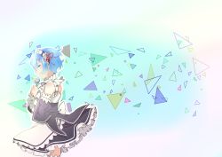 Rule 34 | 1girl, bare shoulders, blue background, blue flower, blue hair, closed eyes, closed mouth, collar, commentary request, detached sleeves, dress, flower, frills, from side, hair ornament, hair ribbon, highres, holding, holding flower, maid, maid headdress, re:zero kara hajimeru isekai seikatsu, red ribbon, rem (re:zero), ribbon, roswaal mansion maid uniform, short hair, simple background, smile, solo, standing, thighhighs, torao2218, triangle, white background, white thighhighs, x hair ornament, zettai ryouiki