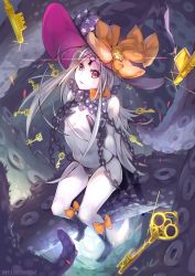 Rule 34 | 1girl, abigail williams (fate), abigail williams (third ascension) (fate), black bow, black hat, black panties, bow, fate/grand order, fate (series), from above, grey hair, hat, hat bow, key, long hair, looking at viewer, looking up, navel, orange bow, pale skin, panties, pink eyes, print bow, revealing clothes, sitting, smile, solo, star (symbol), star print, tentacles, underwear, witch hat, yusan