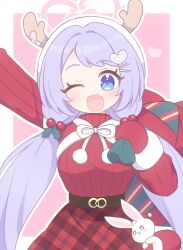 Rule 34 | 1girl, :d, antlers, arm up, belt, blue archive, border, bow, bowtie, christmas, fake antlers, halo, hanae (blue archive), hanae (christmas) (blue archive), heart, highres, holding, holding sack, horns, long hair, long sleeves, looking at viewer, mistletoe hair ornament, naga u, official alternate costume, one eye closed, open mouth, pink background, purple eyes, purple hair, red skirt, red sweater, reindeer antlers, sack, skirt, smile, solo, sweater, turtleneck, turtleneck sweater, twintails, white border, white bow, white bowtie