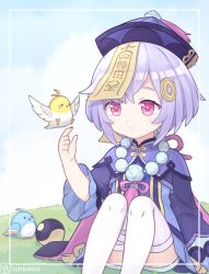 Rule 34 | 1girl, ass, bead necklace, beads, bird, blue sky, cape, chinese clothes, cloud, cloudy sky, coin hair ornament, commentary request, genshin impact, grass, hair between eyes, hair ornament, hat, horizon, jewelry, jiangshi, knees to chest, long hair, long sleeves, low ponytail, necklace, ofuda, orb, purple eyes, purple hair, qingdai guanmao, qiqi (genshin impact), short shorts, shorts, sidelocks, sitting, sky, softrabbit, thighhighs, vision (genshin impact), white thighhighs, yin yang, yin yang orb, zettai ryouiki
