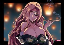 Rule 34 | 1girl, amputee, bad id, bad pixiv id, baiken, bandaged arm, bandages, bare shoulders, breasts, cleavage, commentary, english commentary, eyepatch, facial tattoo, guilty gear, hair down, huge breasts, japanese clothes, kimono, large breasts, long hair, looking at viewer, no bra, off shoulder, one-eyed, outside border, pink hair, red eyes, scar, scar across eye, scar on face, smile, smoke, smoking, smoking pipe, solo, steve chopz, tattoo, wavy hair