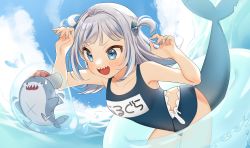 Rule 34 | 1girl, :d, absurdres, bloop (gawr gura), blue eyes, blue hair, blue nails, blue sky, blush, bubble, claw pose, cloud, cloudy sky, day, fins, fish tail, gawr gura, grey hair, hair ornament, highres, hololive, hololive english, innertube, kuma daigorou, looking at another, looking back, medium hair, multicolored hair, nail polish, one-piece swimsuit, open mouth, see-through, shark hair ornament, shark tail, sharp teeth, sky, smile, streaked hair, sweatdrop, swim ring, swimsuit, tail, teeth, two side up, virtual youtuber, water