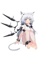 Rule 34 | 1girl, absurdres, animal ear fluff, animal ears, arknights, bare shoulders, barefoot, cat ears, cat girl, cat tail, closed mouth, colored eyelashes, convenient leg, dress, full body, green eyes, grey hair, hand up, highres, knees up, long hair, looking at viewer, low twintails, rh huinai, rosmontis (arknights), simple background, sitting, sleeveless, sleeveless dress, soles, solo, tail, toes, twintails, very long hair, white background, white dress