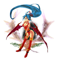 Rule 34 | 1girl, angel wings, blue hair, breasts, breath of fire, breath of fire ii, dragon, dragon girl, green eyes, highres, long hair, monster girl, nonon (seiga), patty the phantom thief, pointy ears, ponytail, solo, thighhighs, very long hair, wings