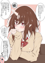 Rule 34 | 1girl, alternate costume, azur lane, blush, breasts, brown hair, commentary request, highres, horns, long sleeves, medium breasts, mogami (azur lane), oriue wato, pointy ears, red eyes, school uniform, short hair, single horn, solo, sulking, sweater, translation request