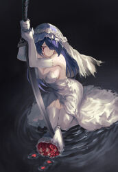 1girl acheron_(honkai:_star_rail) alternate_costume bare_shoulders bouquet breasts cleavage commentary dress elbow_gloves flower garter_straps gloves highres holding holding_sword holding_weapon honkai:_star_rail honkai_(series) jojobirdz katana large_breasts planted planted_sword planted_weapon ripples solo sword thighhighs veil water weapon white_dress white_garter_straps white_gloves white_thighhighs white_veil