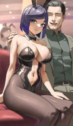 Rule 34 | 1boy, 2girls, alternate costume, animal ears, anteiru, bare shoulders, belt, black belt, black bow, black bowtie, black hair, black leotard, blazer, blue hair, blurry, blurry background, blush, bob cut, bow, bowtie, breasts, brown pantyhose, cleavage, clothing cutout, collared shirt, couch, detached collar, diagonal bangs, faceless, faceless male, fake animal ears, genshin impact, green eyes, hand on another&#039;s shoulder, highres, jacket, large breasts, leotard, looking at viewer, mole, mole on breast, multiple girls, navel, navel cutout, pantyhose, parted lips, playboy bunny, rabbit ears, shirt, short hair, sitting, sweatdrop, very short hair, yelan (genshin impact)