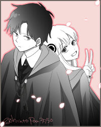 Rule 34 | 1boy, 1girl, aged up, anya (spy x family), cloak, commentary request, damian desmond, eden academy school uniform, greyscale with colored background, grin, hairpods, hood, hooded cloak, minagawa emu, petals, pink background, school uniform, smile, spy x family, twitter username, v