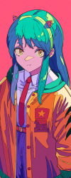 Rule 34 | 1girl, absurdres, belt, closed mouth, collared shirt, commentary, cowboy shot, green hair, highres, horns, jacket, long hair, looking away, lum, natsugu72, necktie, open clothes, open jacket, orange jacket, pants, purple pants, red background, red belt, red necktie, shirt, sidelocks, simple background, smile, solo, split mouth, standing, takahashi rumiko (style), urusei yatsura, white shirt, yellow eyes