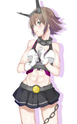 Rule 34 | 10s, 1girl, abs, bare shoulders, blush, breasts, brown hair, gloves, green eyes, hairband, headgear, highres, kantai collection, midriff, mikan (chipstar182), mutsu (kancolle), navel, personification, short hair, skirt, solo