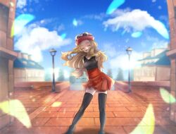 Rule 34 | 1girl, :d, blonde hair, boots, building, closed eyes, cloud, collared shirt, commentary request, creatures (company), day, eyelashes, eyewear on head, eyewear on headwear, facing viewer, falling leaves, game freak, hat, high-waist skirt, lamppost, leaf, long hair, nintendo, open mouth, outdoors, pink hat, pokemon, pokemon xy, serena (pokemon), shirt, skirt, sky, sleeveless, sleeveless shirt, smile, solo, standing, sunglasses, thighhighs, white-framed eyewear, yomogi (black-elf)