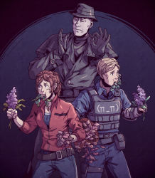 Rule 34 | 1girl, 2boys, belt, belt pouch, black gloves, black hair, blonde hair, brown hair, claire redfield, closed eyes, coat, eating, fingerless gloves, flower, gloves, jacket, leon s. kennedy, magical-sanatorium, meme, mr x, multiple boys, pacha meme, plant, potted plant, pouch, red jacket, resident evil, resident evil 2, resident evil 2 (remake), short ponytail, simple background, standing, sweat, the emperor&#039;s new groove, thigh pouch, trench coat, vest
