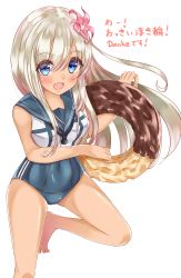 Rule 34 | 10s, 1girl, bad id, bad pixiv id, barefoot, blonde hair, blue eyes, crop top, doughnut, flower, food, hair flower, hair ornament, highres, kantai collection, keyspace, long hair, looking at viewer, one-piece swimsuit, one-piece tan, open mouth, oversized object, ro-500 (kancolle), sailor collar, school swimsuit, simple background, solo, swimsuit, swimsuit under clothes, tan, tanline, translation request, white background