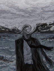 Rule 34 | abstract, ambiguous gender, black jacket, black scarf, chromatic aberration, covered eyes, facing viewer, grey sky, highres, jacket, original, outdoors, overcast, revol4357, scarf, shirt, sky, solo, upper body, water, white shirt