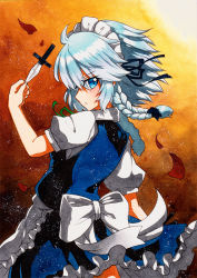 Rule 34 | 1girl, apron, back bow, bad id, bad pixiv id, black ribbon, blue eyes, blue hair, blue skirt, blue vest, bow, braid, brown background, cowboy shot, frilled skirt, frills, from behind, gradient background, green ribbon, holding, holding knife, izayoi sakuya, knife, light blue hair, looking at viewer, looking back, maid, maid headdress, medium hair, neck ribbon, puffy short sleeves, puffy sleeves, qqqrinkappp, ribbon, shirt, short sleeves, skirt, skirt set, solo, touhou, traditional media, twin braids, vest, waist apron, white bow, white shirt