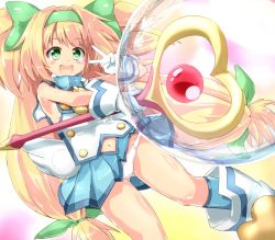 Rule 34 | 1girl, :d, arc system works, blazblue, blazblue: continuum shift, blonde hair, blush, boots, bow, bubble, gloves, green eyes, green ribbon, hair intakes, hair ribbon, hairband, happy, heart, heart-shaped pupils, long hair, low-tied long hair, magical girl, muchourin, naka (cheeseyeast), navel, open mouth, panties, platinum the trinity, quad tails, ribbon, smile, solo, staff, symbol-shaped pupils, two side up, underwear, v, white gloves, white panties