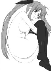 Rule 34 | 1girl, ass, blush, breasts, fate testarossa, feet, female focus, fetal position, greyscale, large breasts, long hair, lying, lyrical nanoha, mahou shoujo lyrical nanoha, mahou shoujo lyrical nanoha a&#039;s, monochrome, nude, on side, ribbon, shichimenchou, simple background, solo, thighhighs, twintails, white background