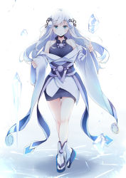 Rule 34 | 1girl, absurdres, blue eyes, blush, breasts, closed mouth, commentary request, duel monster, full body, highres, kanzakietc, long hair, looking at viewer, medium breasts, sandals, smile, socks, solo, very long hair, white hair, white socks, yu-gi-oh!, yuki-onna the ice mayakashi