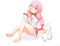 Rule 34 | 1girl, alcohol, barefoot, choko (cup), cleavage cutout, clothing cutout, cup, maze (moonlok), original, pink eyes, pink hair, rubbing eyes, sake, tokkuri