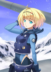 Rule 34 | 10s, 1girl, adjusting hair, ahoge, aqua eyes, arm up, belt, belt pouch, blonde hair, bob cut, bodysuit, day, flat chest, gloves, hairband, heavy object, inue shinsuke, looking back, milinda brantini, mountain, official art, outdoors, pouch, short hair, skin tight, sky, snow, solo, standing, turtleneck, vest