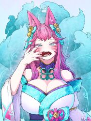 Rule 34 | 1girl, ahri (league of legends), alternate hair color, animal ear fluff, animal ears, artist name, bare shoulders, bell, blue tail, blush, breasts, cleavage, collarbone, commentary request, drooling, facial mark, fangs, finger in own mouth, fox ears, fox girl, fox tail, gradient hair, hair bell, hair ornament, highres, huge breasts, kitsune, league of legends, lolboja, long hair, looking at viewer, multicolored hair, multiple tails, open mouth, pink hair, purple hair, solo, spirit blossom (league of legends), spirit blossom ahri, tail, teeth, tongue, wavy hair, whisker markings