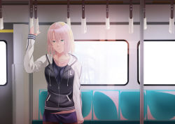 Rule 34 | 1girl, arm up, blonde hair, blue eyes, breasts, collarbone, commentary request, empty eyes, expressionless, hand grip, highres, jacket, letterman jacket, long sleeves, medium breasts, original, short hair, solo, standing, train, train interior, upper body, zaregoto tsukai no deshi