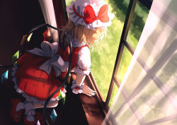 Rule 34 | 1girl, arm support, back bow, blonde hair, bow, commentary, dise (psychoro), dress, duplicate, flandre scarlet, frilled skirt, frilled sleeves, frills, full body, grass, hat, hat bow, highres, indoors, leaning, leaning forward, looking outside, mob cap, open window, pixel-perfect duplicate, puffy short sleeves, puffy sleeves, red bow, red dress, red footwear, red skirt, red vest, revision, see-through, shirt, short hair, short sleeves, skirt, skirt set, socks, solo, standing, standing on one leg, touhou, vest, white bow, white curtains, white hat, white shirt, white sleeves, white socks, white wrist cuffs, window, windowsill, wings, wrist cuffs