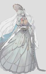 Rule 34 | 1girl, anastasia (fate), blue cape, cape, closed eyes, doll, dress, fate/grand order, fate (series), fur collar, grey background, hair ornament, highres, holding, holding doll, jewelry, long dress, long hair, mimulishizi, necklace, royal robe, simple background, solo, veil, viy (fate), white dress, white hair