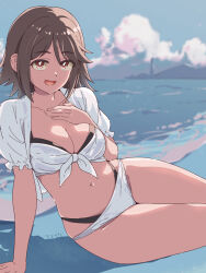 Rule 34 | 1girl, beach, bikini, blue sky, breasts, brown eyes, brown hair, cloud, collared shirt, commentary request, day, dress shirt, foreshortening, hand on own chest, layered bikini, lighthouse, medium breasts, mountainous horizon, navel, ocean, original, outdoors, shirt, short hair, sitting, sky, smile, solo, stomach, susutaketakumi, swimsuit, white bikini, white shirt, yokozuwari