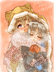 Rule 34 | 2girls, blonde hair, blue eyes, blush, breath, coat, couple, eila ilmatar juutilainen, closed eyes, finnish text, highres, hood, long hair, mittens, multiple girls, one eye closed, open mouth, purple eyes, russian text, ryou (shirotsumesou), sanya v. litvyak, scarf, shared clothes, shared scarf, short hair, silver hair, smile, strike witches, wink, world witches series, yuri