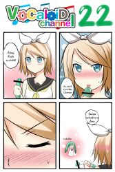 Rule 34 | 0 0, 2girls, 4koma, bar censor, blush, camera, catstudioinc (punepuni), censored, close-up, comic, copyright name, cucumber, closed eyes, female pervert, hatsune miku, highres, kagamine rin, left-to-right manga, looking at viewer, multiple girls, pervert, pointless censoring, talking, text focus, thai text, translated, upper body, vocaloid, wince