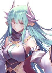 Rule 34 | 1girl, aqua hair, closed mouth, detached sleeves, fate/grand order, fate (series), floating hair, hair between eyes, horns, kiyohime (fate), long hair, long sleeves, looking at viewer, oukawa yuu, simple background, solo, very long hair, white background, white sleeves, wide sleeves, yellow eyes