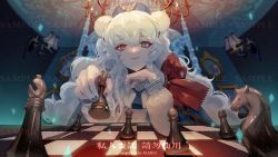 Rule 34 | 1girl, animal ears, arknights, artist name, bear ears, bishop (chess), blue eyes, blue hair, blue hat, blue nails, blue necktie, bow, buttons, chandelier, chess piece, chessboard, coat, commentary, creatures (company), game freak, hair between eyes, hat, head rest, highres, indoors, king (chess), knight (chess), lamp, lips, looking at viewer, multicolored hair, nail polish, necktie, nintendo, pawn (chess), picture frame, pink hair, pokemon, queen (chess), red bow, red eyes, rook (chess), rosa (pokemon), sakurabaharu, sample watermark, solo, streaked hair, symbol-only commentary, ursus empire logo, watermark, white coat, white hair