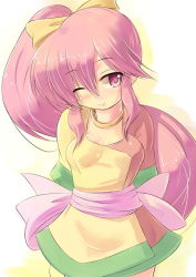 Rule 34 | 1girl, arms behind back, bow, breasts, dancer, dress, female focus, fire emblem, fire emblem: mystery of the emblem, hair between eyes, hair bow, jewelry, kourourin, long bangs, long hair, matching hair/eyes, medium breasts, necklace, nintendo, one eye closed, phina (fire emblem), pink bow, pink eyes, pink hair, ponytail, sidelocks, solo, very long hair, waist bow, wink, yellow bow