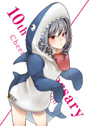 Rule 34 | 1girl, absurdres, animal costume, commentary request, cowboy shot, drill hair, english text, fins, fish tail, grey hair, highres, idolmaster, idolmaster cinderella girls, kaiso (kaisooekaki), kanzaki ranko, pout, red eyes, shark costume, shark fin, shark tail, sharp teeth, solo, tail, teeth, tongue, twin drills, white background