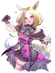 Rule 34 | 1girl, animal ears, asymmetrical gloves, bare shoulders, blonde hair, blush, bow, bowtie, breasts, brooch, coat, cropped legs, gloves, hands up, highres, horse ears, horse girl, horse tail, jewelry, looking at viewer, mismatched gloves, multicolored eyes, narita top road (umamusume), open mouth, purple coat, purple footwear, purple gloves, see-through, see-through sleeves, short hair, simple background, small breasts, smile, solo, tail, umamusume, white background, white gloves, yuanagae